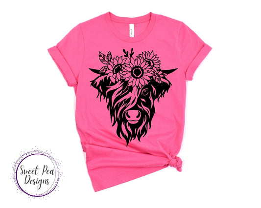 Ringspun Cotton Short Sleeve Shirt - Cow with Flower Headband - Sweet Pea Designs - Gift Shop