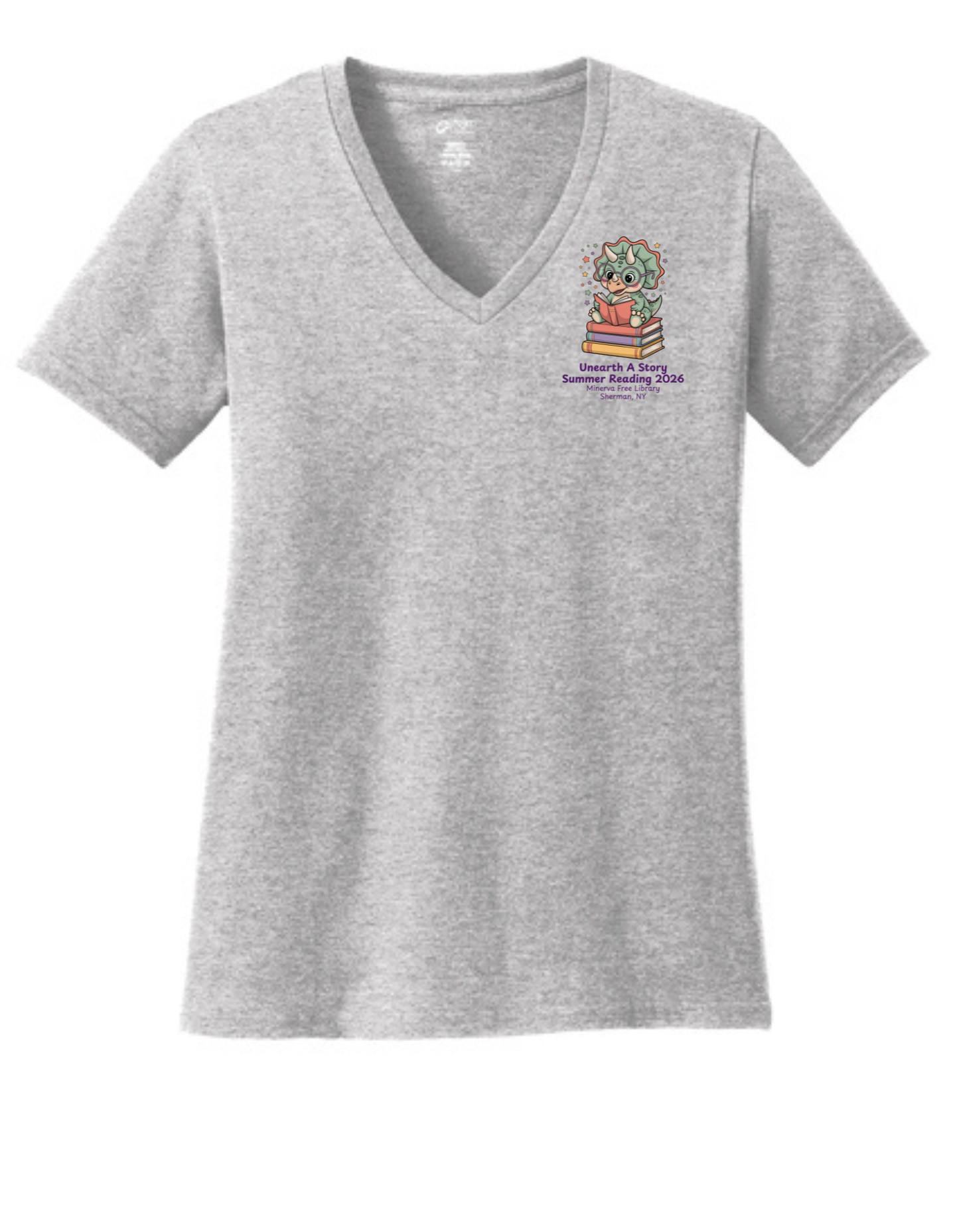 Minerva Free Library Fundraiser Ladies Cotton Vneck Shirt - Gray