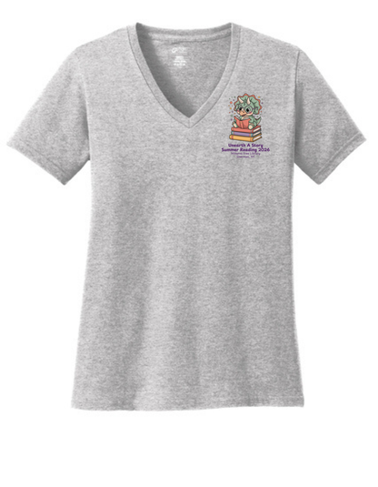 Minerva Free Library Fundraiser Ladies Cotton Vneck Shirt - Gray