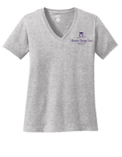 Minerva Free Library Fundraiser Ladies Cotton Vneck Shirt - Gray