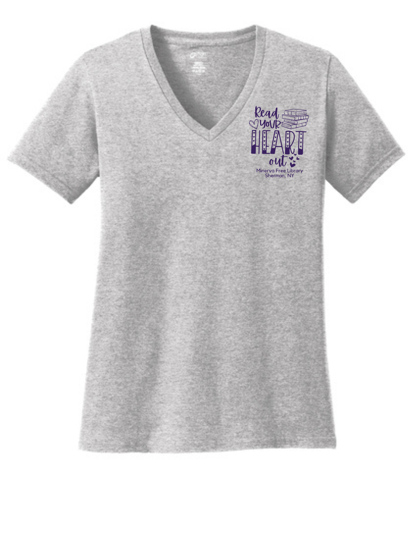 Minerva Free Library Fundraiser Ladies Cotton Vneck Shirt - Gray