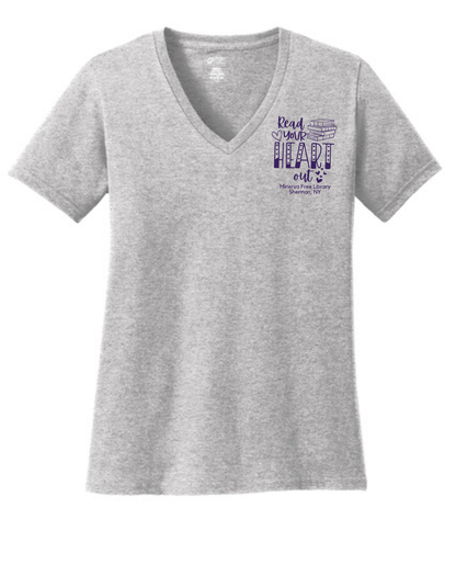 Minerva Free Library Fundraiser Ladies Cotton Vneck Shirt - Gray