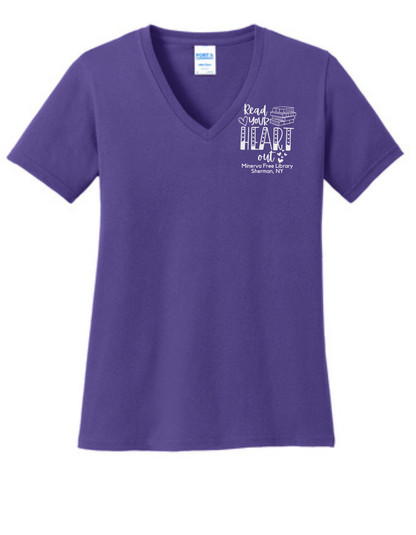Minerva Free Library Fundraiser Ladies Cotton Vneck Shirt - Purple