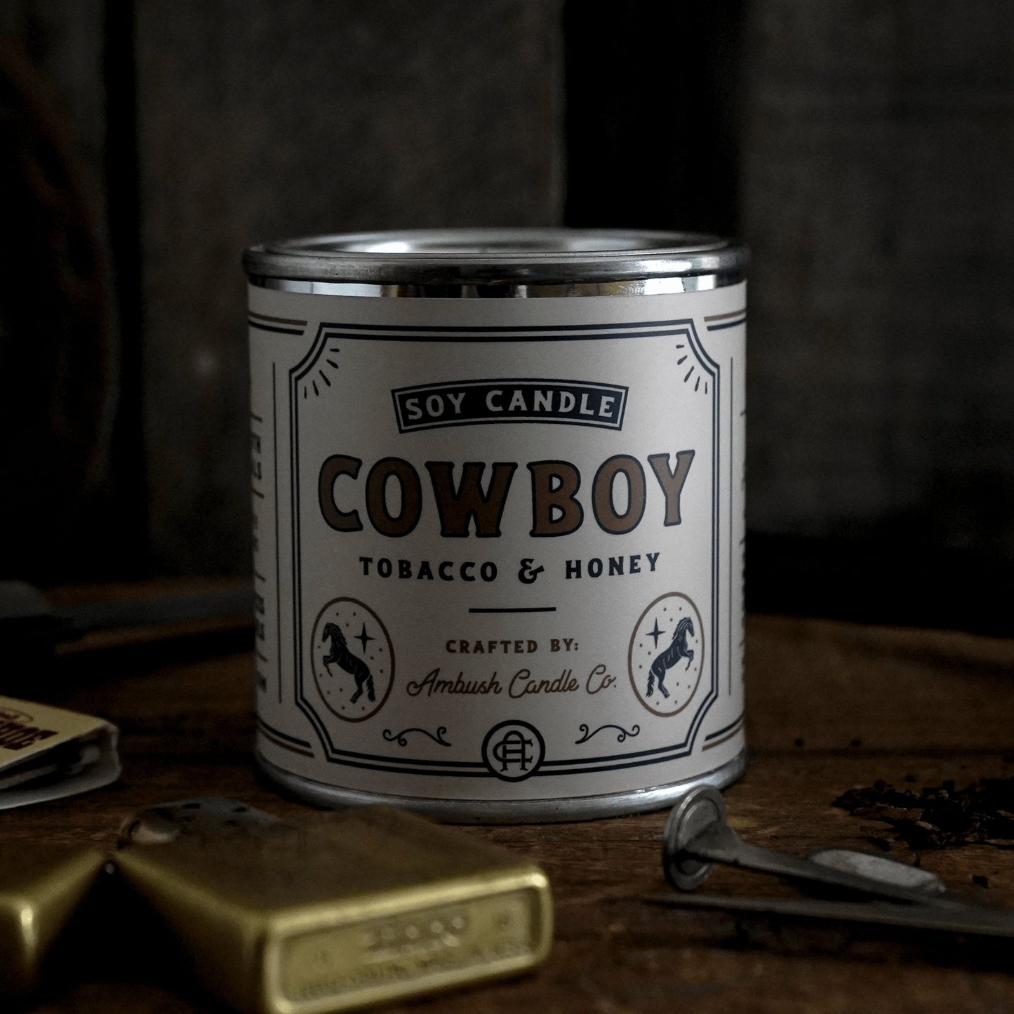 Cowboy | Tobacco + Honey 8oz Soy Candle - Sweet Pea Designs - Gift Shop