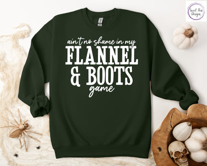 Graphic Cotton Crew Sweatshirt - Ain't No Shame in My Flannel and Boots Game