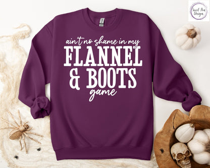 Graphic Cotton Crew Sweatshirt - Ain't No Shame in My Flannel and Boots Game - Sweet Pea Designs - Gift Shop