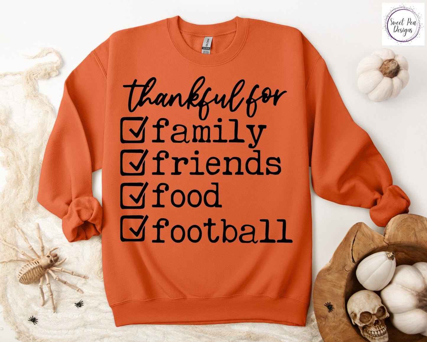 Graphic Cotton Crew Sweatshirt - Thankful for Family, Friends, Food and Football - Sweet Pea Designs - Gift Shop