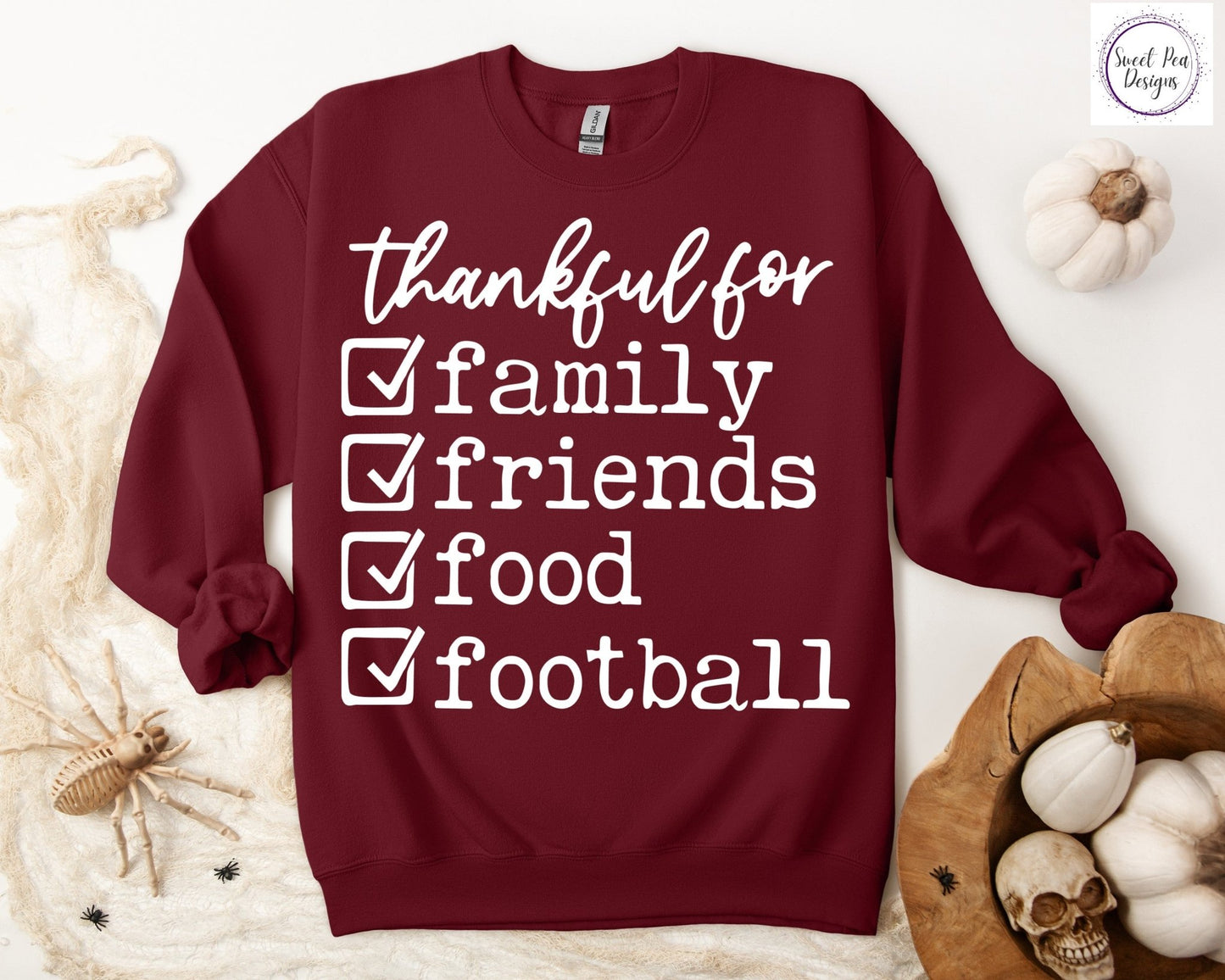 Graphic Cotton Crew Sweatshirt - Thankful for Family, Friends, Food and Football - Sweet Pea Designs - Gift Shop