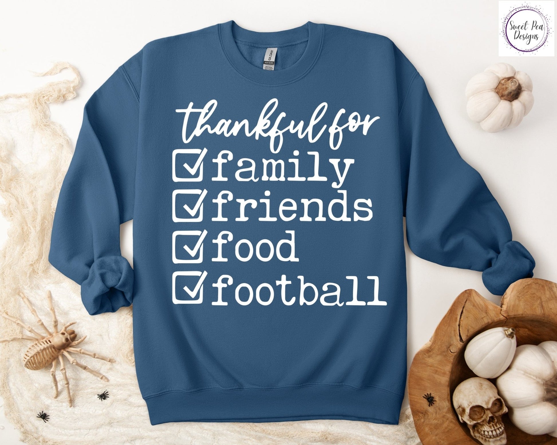 Graphic Cotton Crew Sweatshirt - Thankful for Family, Friends, Food and Football - Sweet Pea Designs - Gift Shop