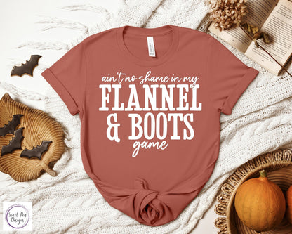 Graphic Ringspun Cotton Short Sleeve Shirt - Fall Ain't No Shame in My Flannel & Boots Game - Sweet Pea Designs - Gift Shop