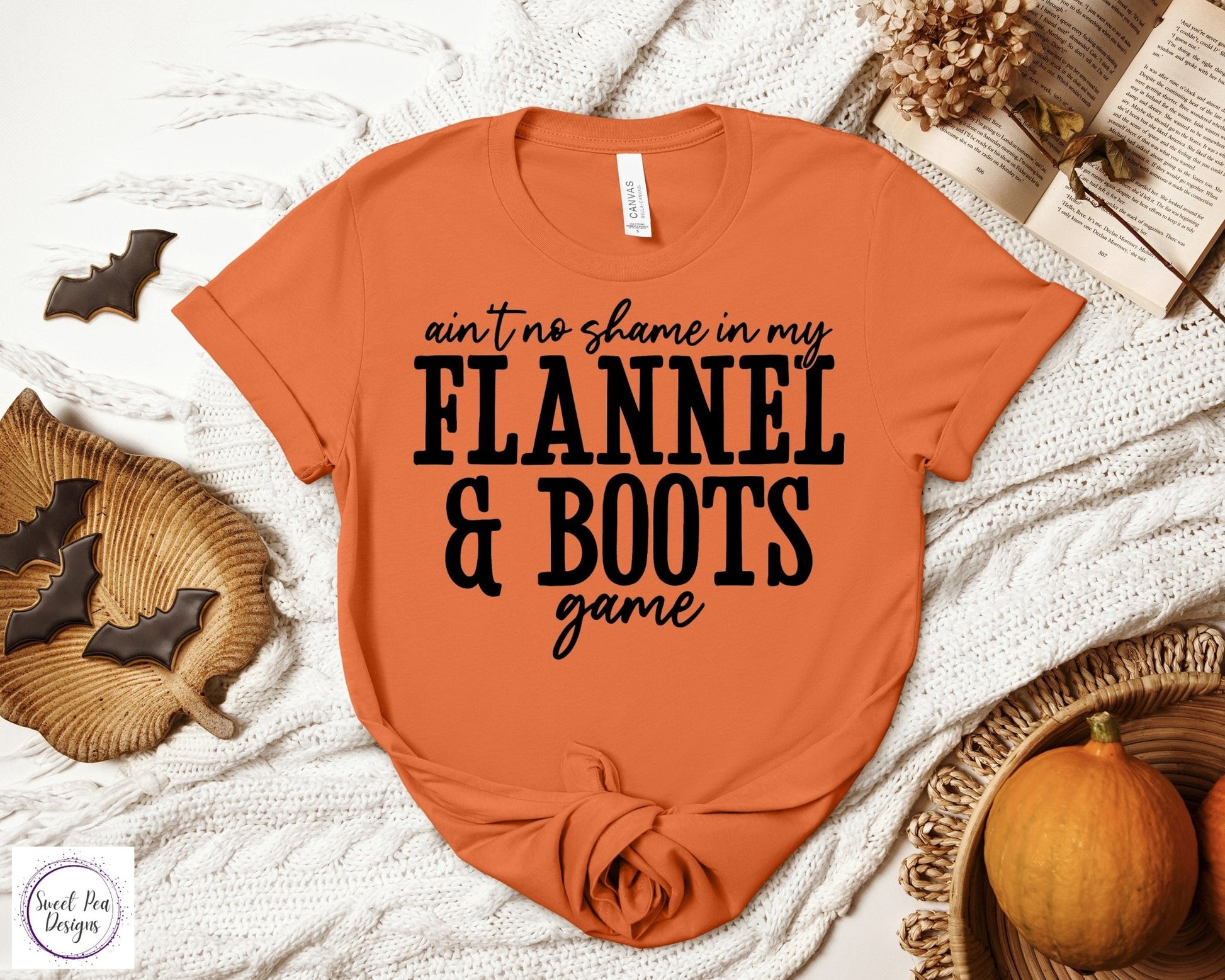 Graphic Ringspun Cotton Short Sleeve Shirt - Fall Ain't No Shame in My Flannel & Boots Game - Sweet Pea Designs - Gift Shop