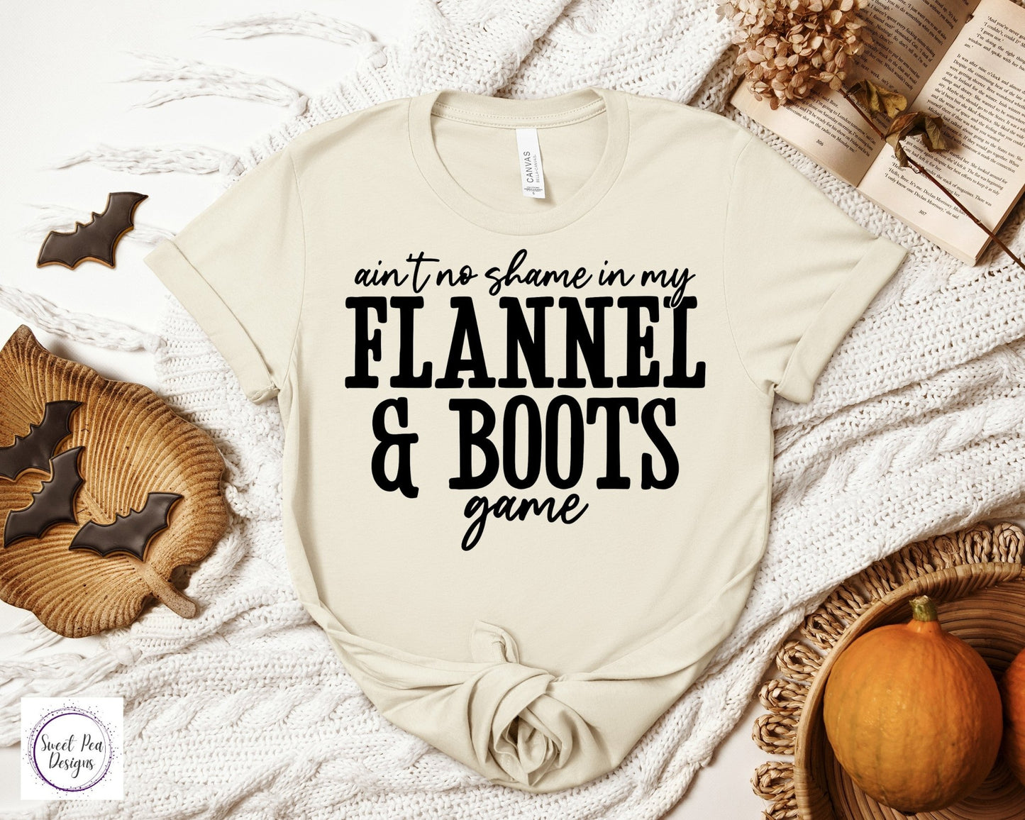 Graphic Ringspun Cotton Short Sleeve Shirt - Fall Ain't No Shame in My Flannel & Boots Game - Sweet Pea Designs - Gift Shop