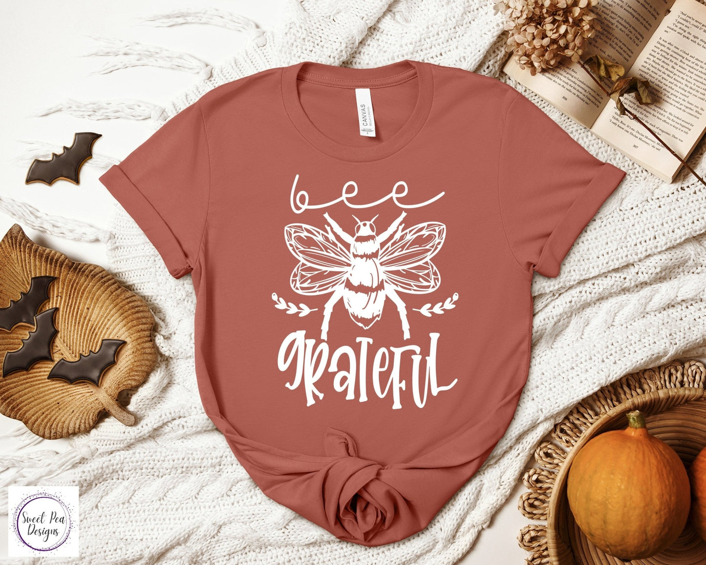 Graphic Ringspun Cotton Short Sleeve Shirt - Fall Bee Grateful - Sweet Pea Designs - Gift Shop