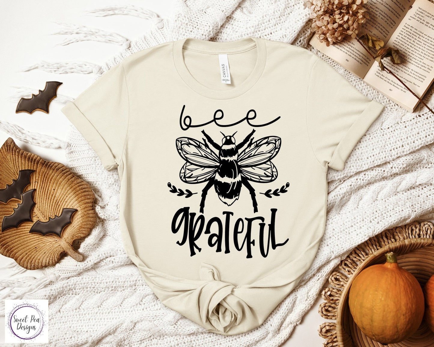 Graphic Ringspun Cotton Short Sleeve Shirt - Fall Bee Grateful - Sweet Pea Designs - Gift Shop