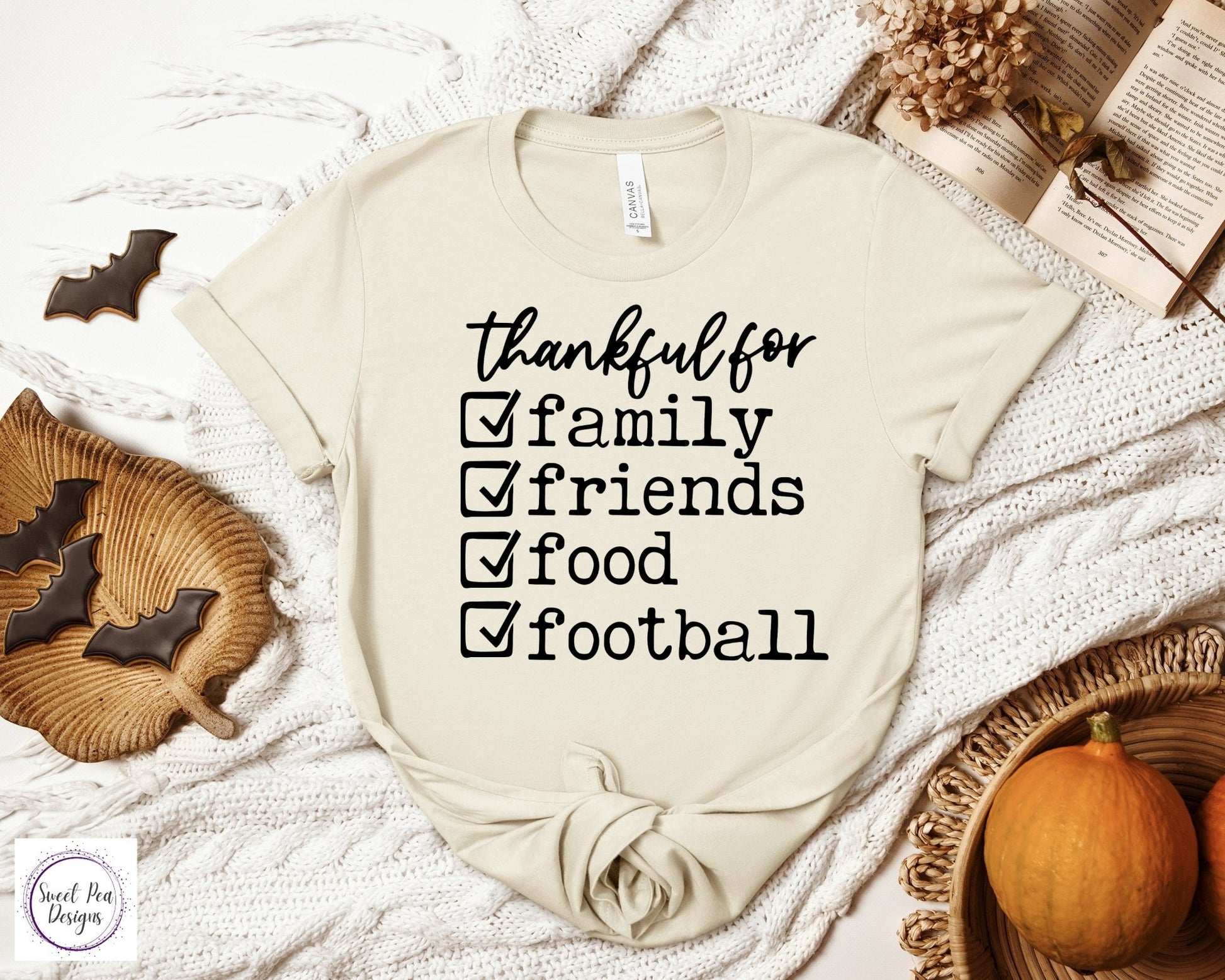 Graphic Ringspun Cotton Short Sleeve Shirt - Thankful for Family, Friends, Food and Football - Sweet Pea Designs - Gift Shop