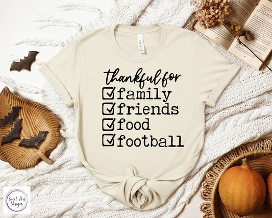 Graphic Ringspun Cotton Short Sleeve Shirt - Thankful for Family, Friends, Food and Football - Sweet Pea Designs - Gift Shop