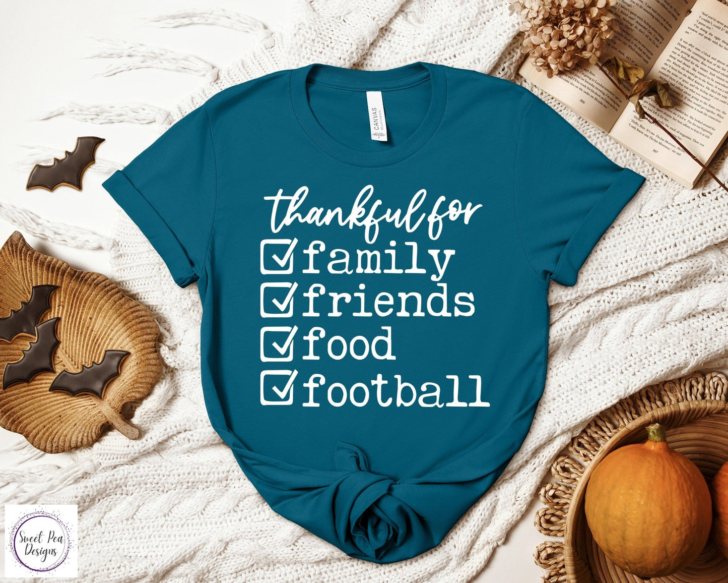 Graphic Ringspun Cotton Short Sleeve Shirt - Thankful for Family, Friends, Food and Football - Sweet Pea Designs - Gift Shop