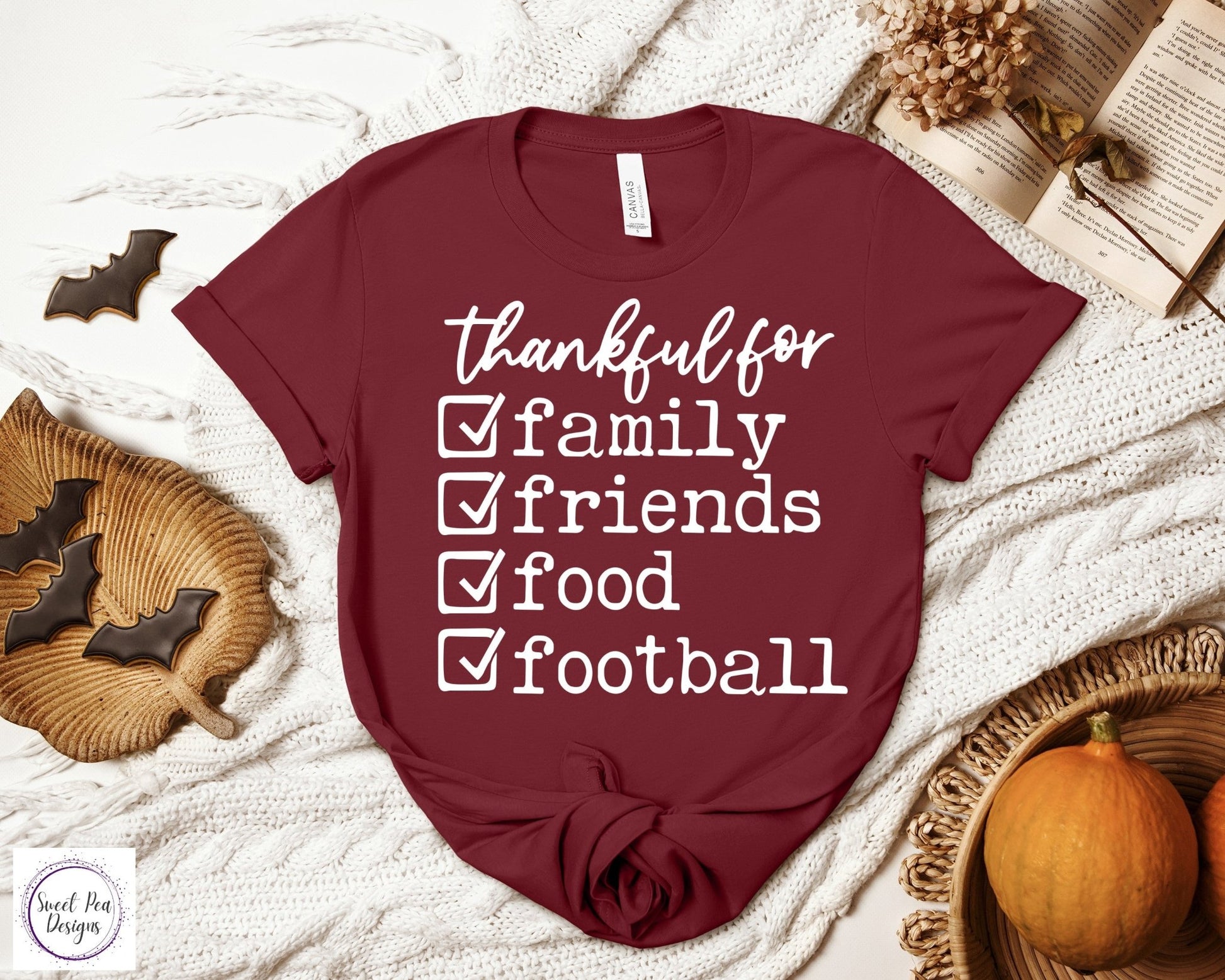 Graphic Ringspun Cotton Short Sleeve Shirt - Thankful for Family, Friends, Food and Football - Sweet Pea Designs - Gift Shop