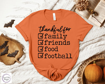 Graphic Ringspun Cotton Short Sleeve Shirt - Thankful for Family, Friends, Food and Football - Sweet Pea Designs - Gift Shop