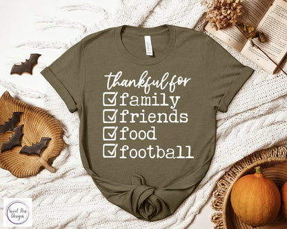 Graphic Ringspun Cotton Short Sleeve Shirt - Thankful for Family, Friends, Food and Football - Sweet Pea Designs - Gift Shop