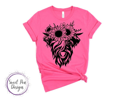 Ringspun Cotton Short Sleeve Shirt - Cow with Sunflower Headband - Sweet Pea Designs - Gift Shop