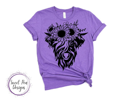 Ringspun Cotton Short Sleeve Shirt - Cow with Sunflower Headband - Sweet Pea Designs - Gift Shop