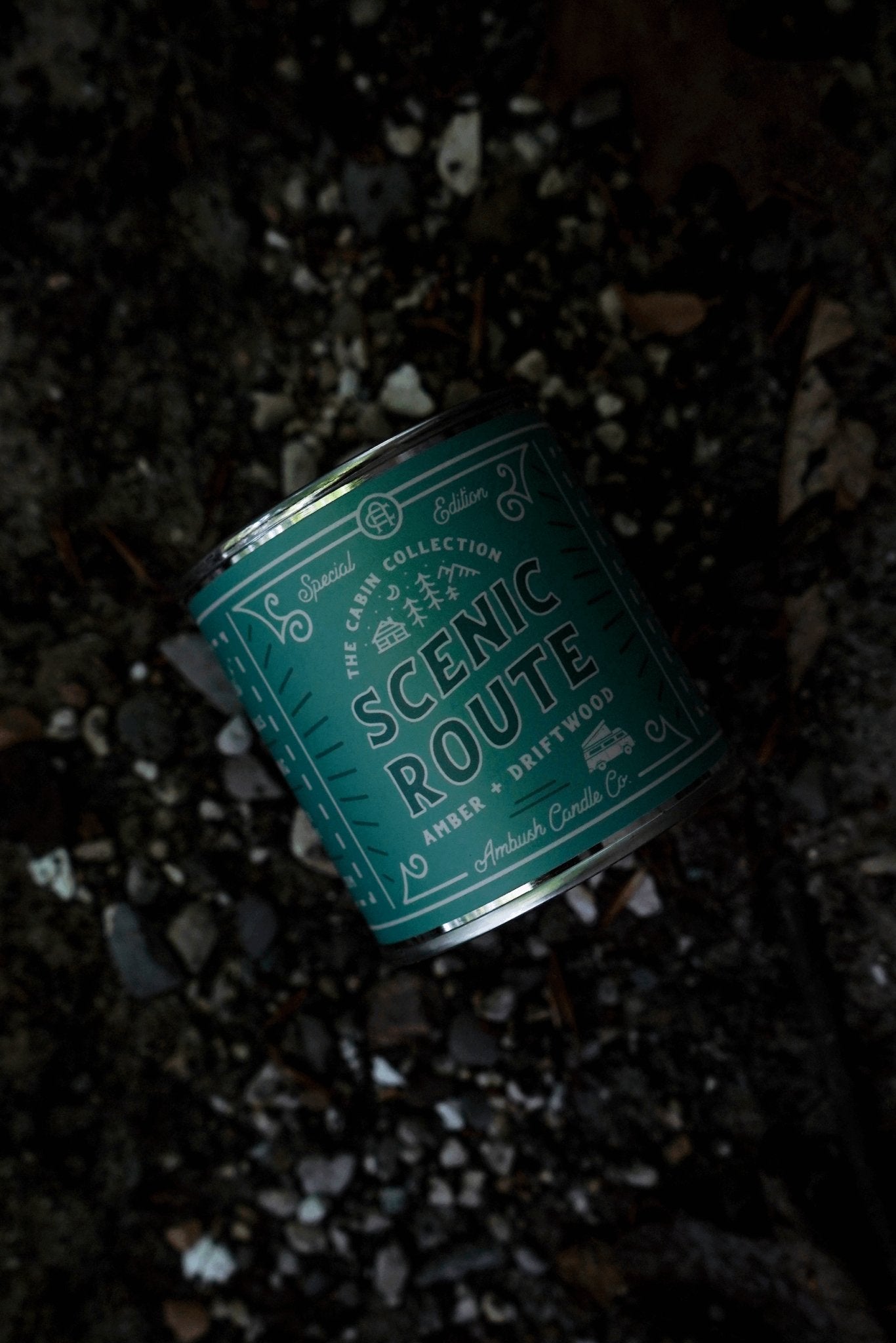 Scenic Route | Amber + Driftwood 8oz Soy Candle - Sweet Pea Designs - Gift Shop