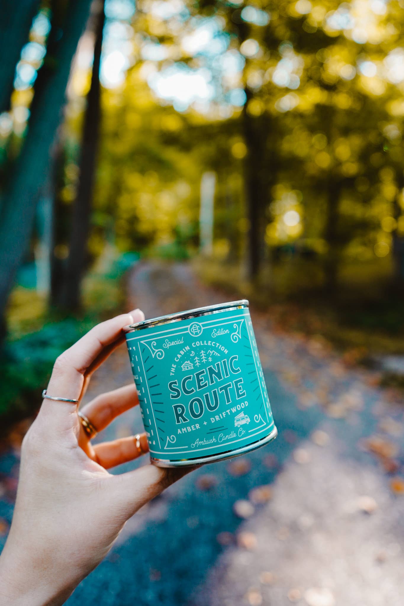 Scenic Route | Amber + Driftwood 8oz Soy Candle - Sweet Pea Designs - Gift Shop