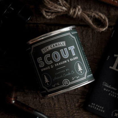 Scout | Spruce + Dragons Blood 8oz Soy Candle - Sweet Pea Designs - Gift Shop