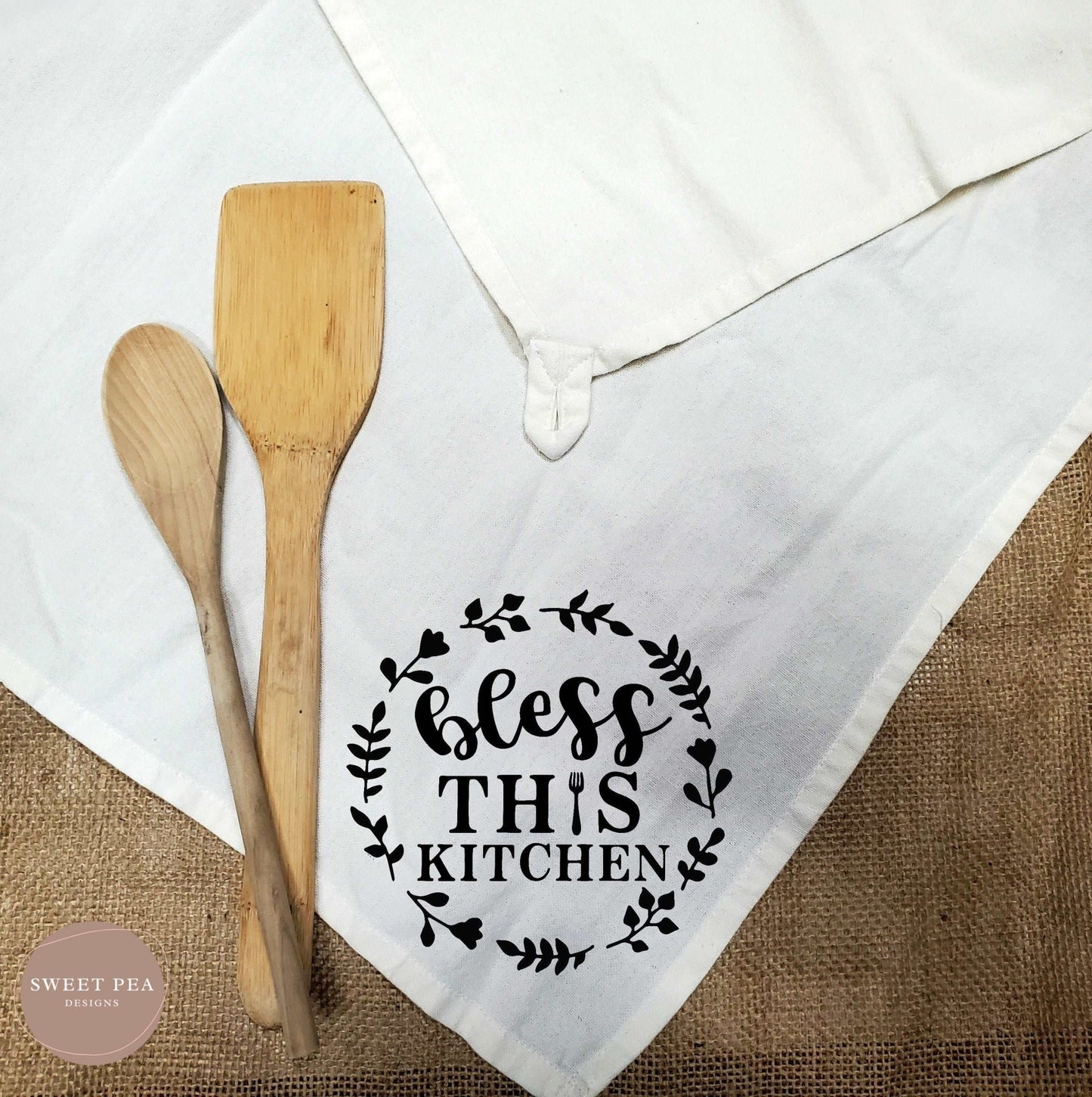 Tea Towel With Loop - Bless This Kitchen - Sweet Pea Designs - Gift Shop